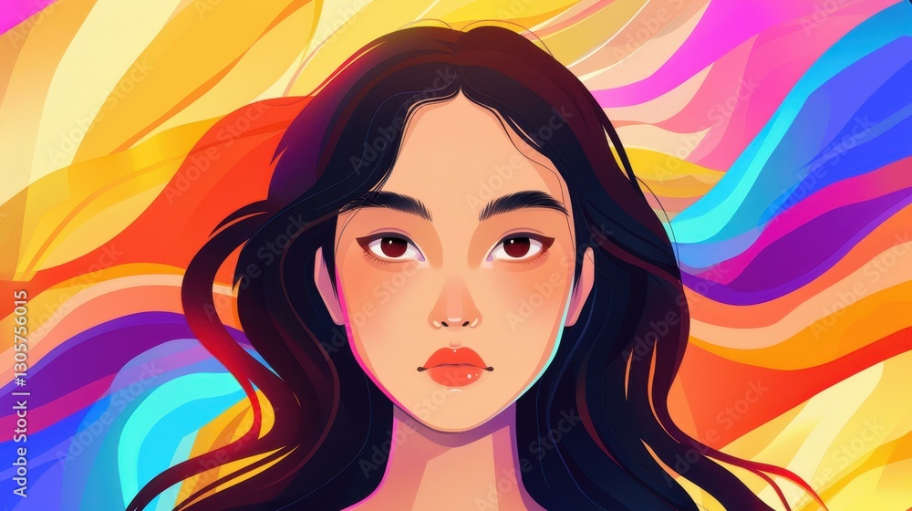 Experience a vibrant fantasy woman, artfully illustrated with bold hues and a modern flat design style that captivates. Experience a vibrant fantasy woman, artfully illustrated with bold hues and a modern flat design style that captivates.