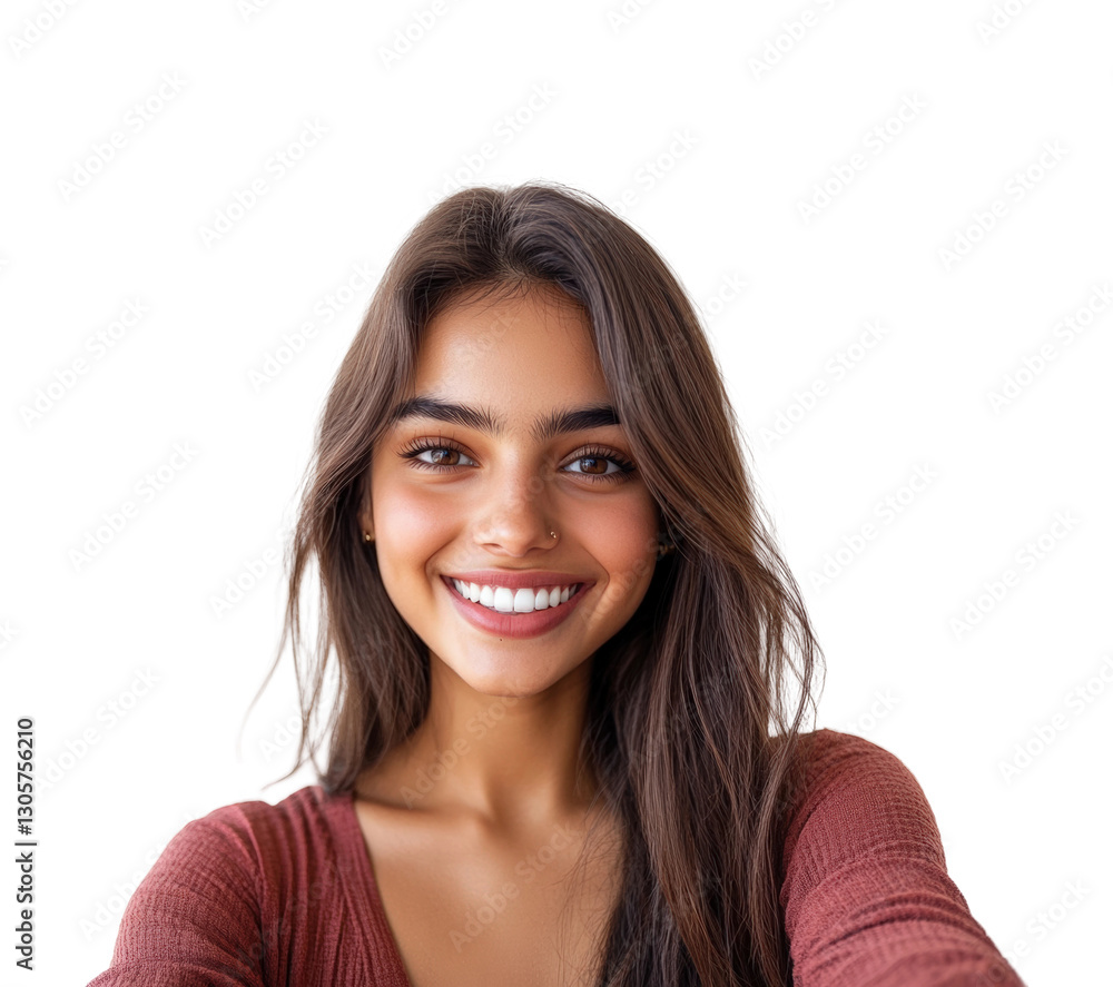 Joyful young woman smiling selfie portrait bright happiness concept isolated on transparent background Joyful young woman smiling selfie portrait bright happiness concept isolated on transparent background