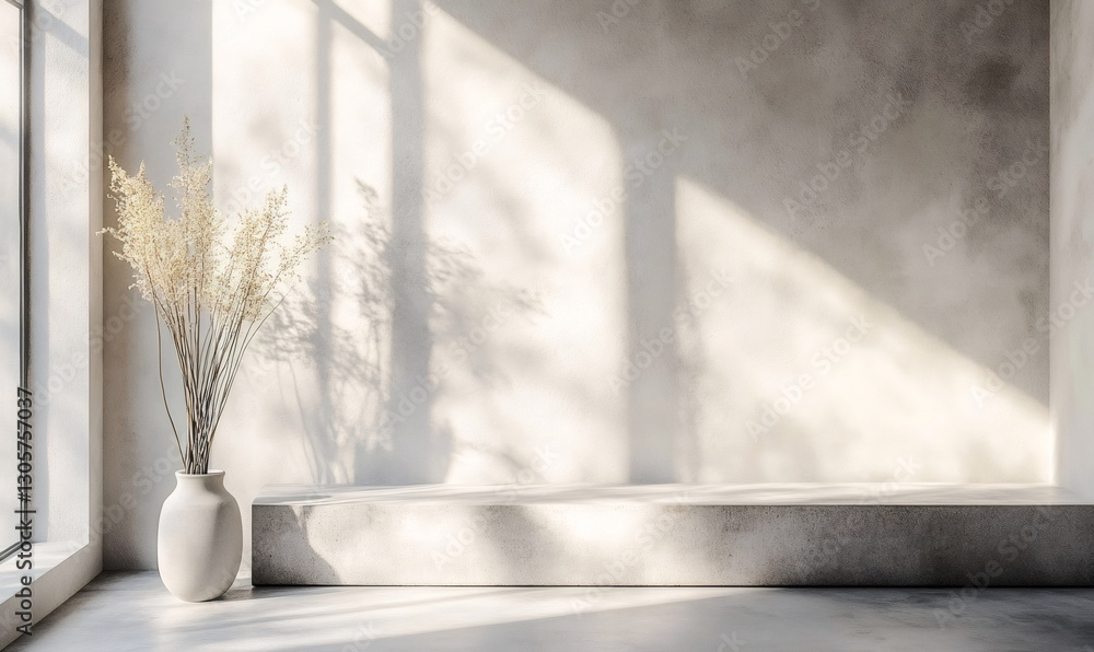 Modern minimalist room featuring a concrete platform, a vase with dried flowers, and sunlight casting shadows through a window Modern minimalist room featuring a concrete platform, a vase with dried flowers, and sunlight casting shadows through a window