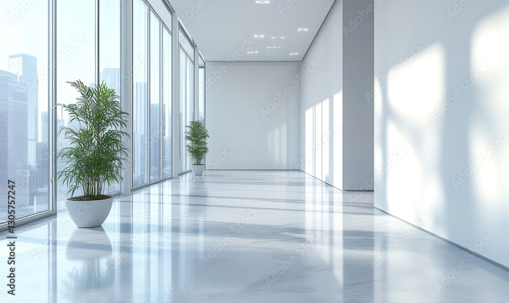 Fototapeta premium Sunlight illuminating spacious office corridor with potted plants and large windows offering panoramic city view