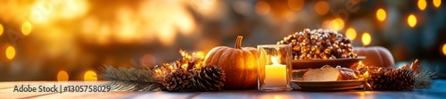 Autumn Gathering with Pumpkins Pinecones Candles and Food on a Table. Generative AI photo