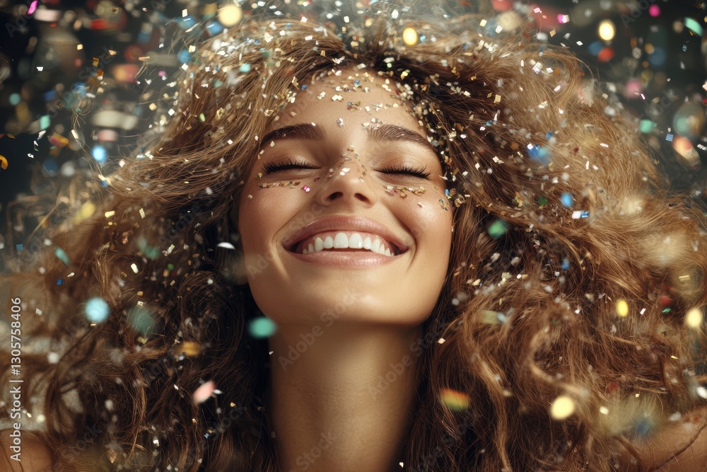 Fototapeta premium Joyful woman with curly hair surrounded by colorful confetti.