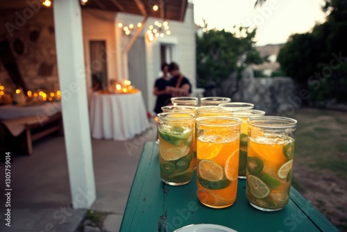 A table displays numerous glasses of lemonade garnished with fresh limes. photo