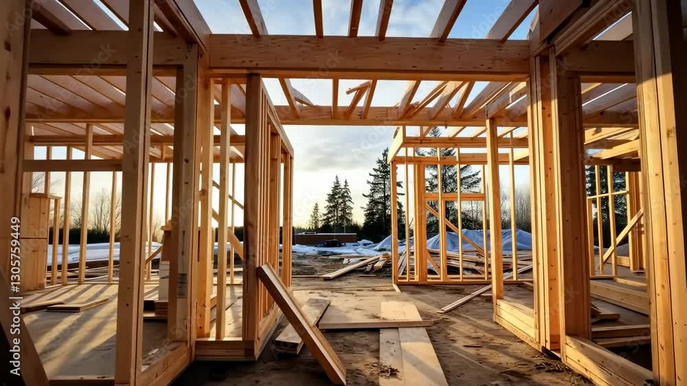 Low-angle video capturing a wooden house frame under construction at sunset, highlighting beams and shadows in a serene, natural setting.