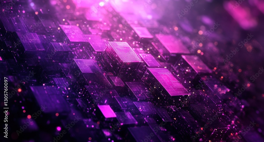 Abstract digital background with glowing purple squares and particles creating a futuristic technology design for visuals in various applications