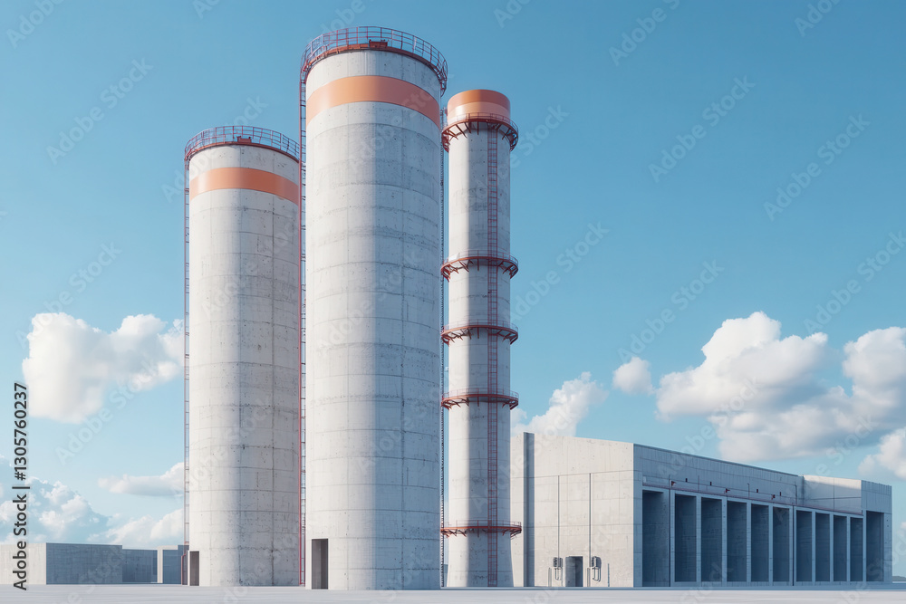 Modern industrial facility with concrete silos and blue sky Modern industrial facility with concrete silos and blue sky