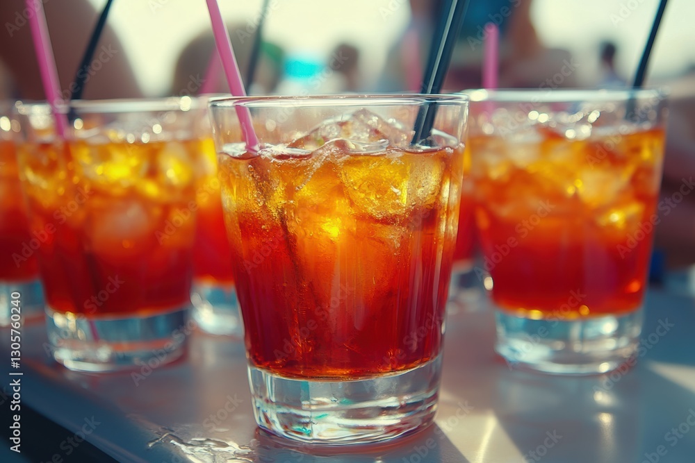 Four glasses of iced tea with straws arranged on a table ready for enjoyment. Four glasses of iced tea with straws arranged on a table ready for enjoyment.