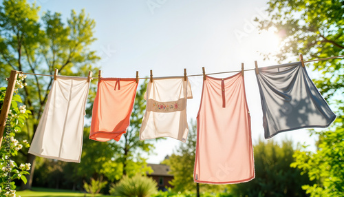 Wallpaper Mural Clothes fluttering on a line in a lush garden, spring freshness Torontodigital.ca