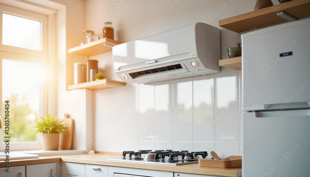 Fototapeta premium Modern air conditioning interface in bright kitchen, comfort technology