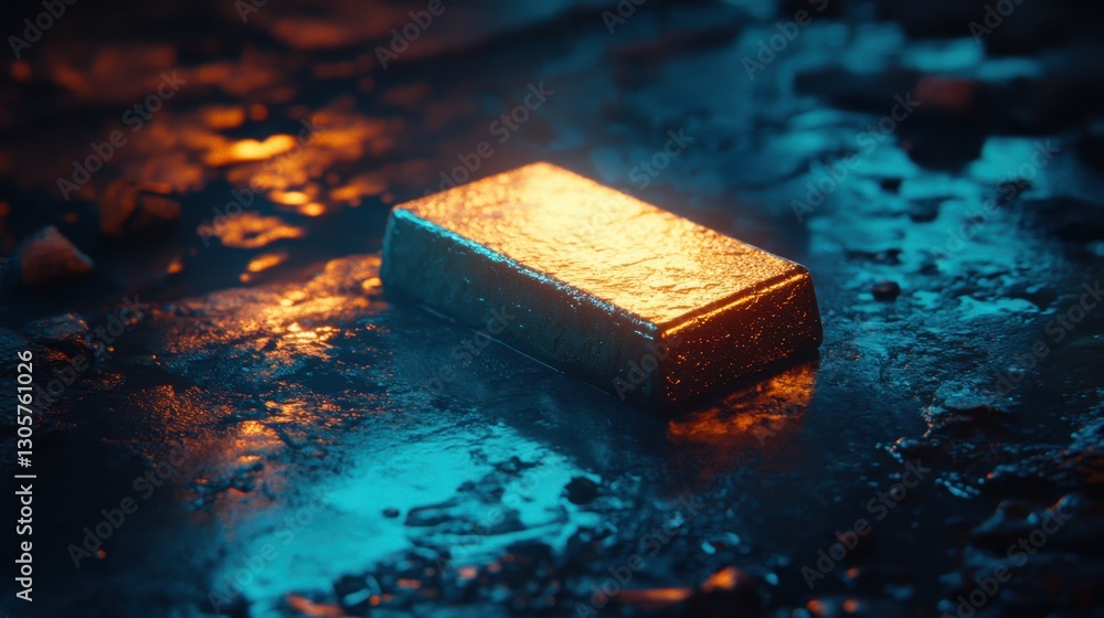 Gold bar wrapped in a subtle blue glow, placed on a glossy surface. Gold bar wrapped in a subtle blue glow, placed on a glossy surface.