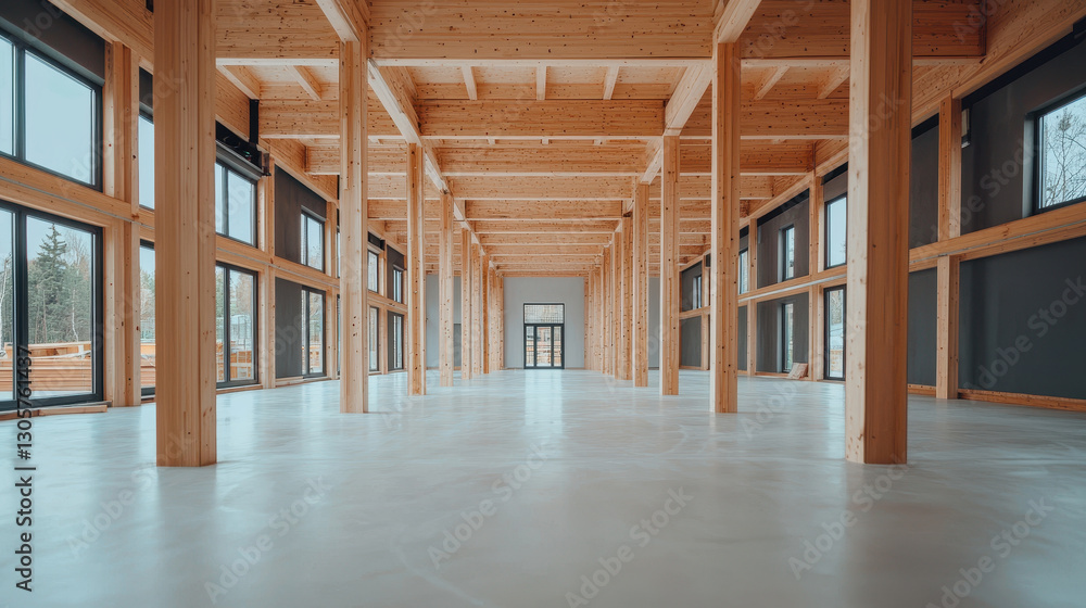 Spacious interior showcasing wooden beams and large windows, creating bright atmosphere Spacious interior showcasing wooden beams and large windows, creating bright atmosphere