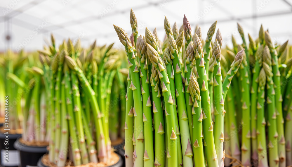 Obraz premium Fresh asparagus spears growing in greenhouse under bright light, cultivation