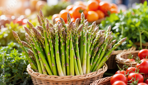 Fresh asparagus basket at vibrant outdoor market, healthy eating