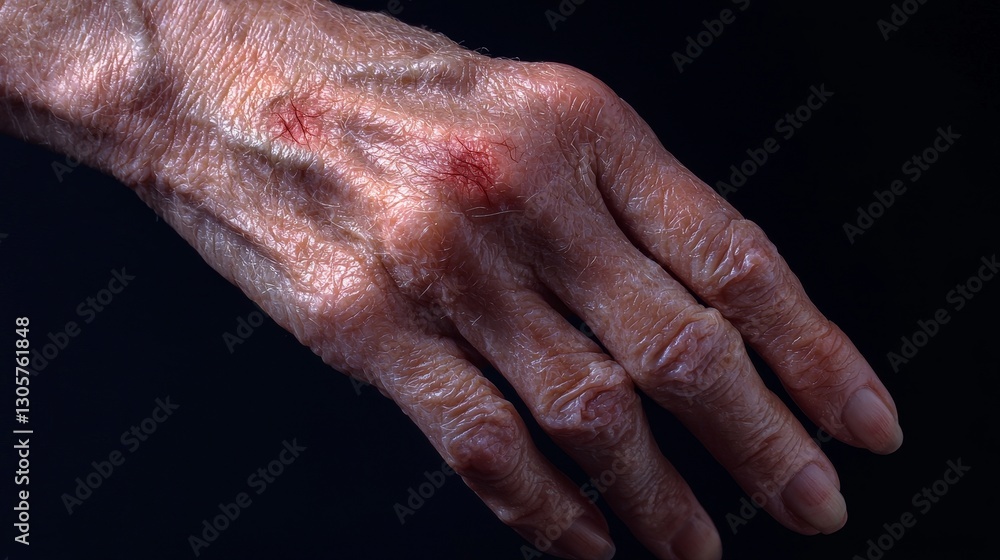 Fototapeta premium Detailed close-up of an itchy, scratched hand with red swollen mosquito bite marks, nails leaving visible trails on irritated skin