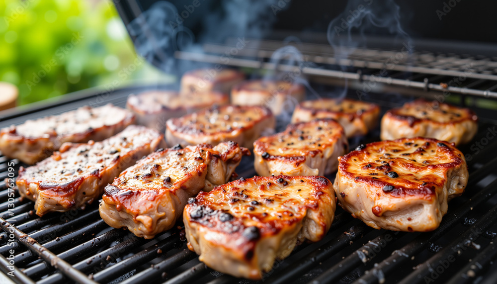 Grilled lamb cutlets sizzling on barbecue in summer garden, culinary delight Grilled lamb cutlets sizzling on barbecue in summer garden, culinary delight