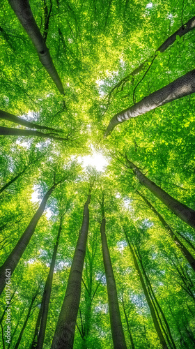 Sunlight streaming through verdant forest canopy, casting soft, dappled light across lush woodland landscape