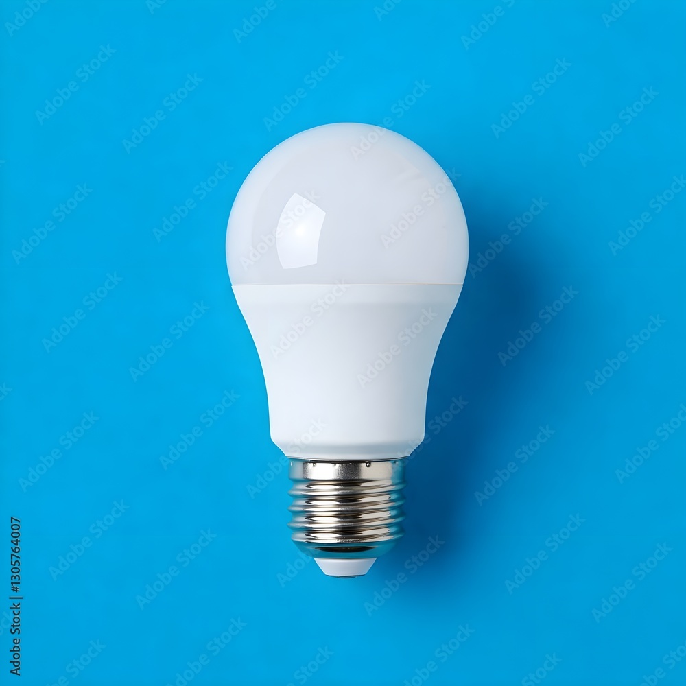 light bulb on blue background, A white light bulb is centrally positioned against a bright, solid blue background.  The bulb is smooth and matte white, with a slightly rounded shape.  