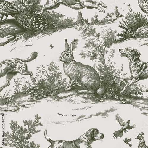 Seamless vector pattern with dogs, forest animals and birds. Traditional old European hunting motifs. Vintage engraving style illustration.