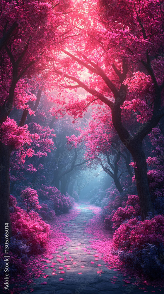 A neon fairy tale forest with luminous flowers, a mysterious path through dark magical woods, glowing plants, and lights. A fantasy night setting, full of beauty, nature, and wonder A neon fairy tale forest with luminous flowers, a mysterious path through dark magical woods, glowing plants, and lights. A fantasy night setting, full of beauty, nature, and wonder