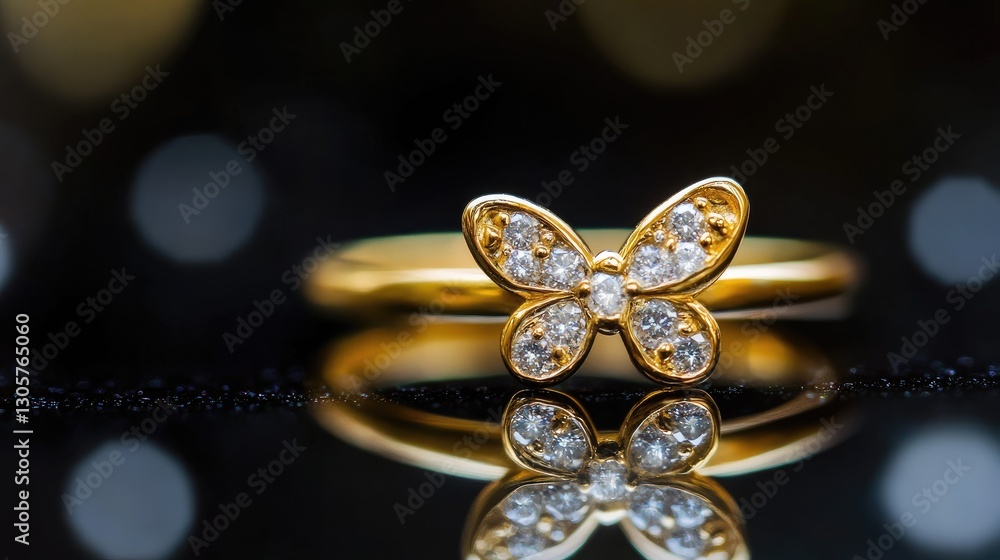 Macro shot of a butterfly-inspired gold ring with diamond details, softly arranged on a glossy black surface. Macro shot of a butterfly-inspired gold ring with diamond details, softly arranged on a glossy black surface.