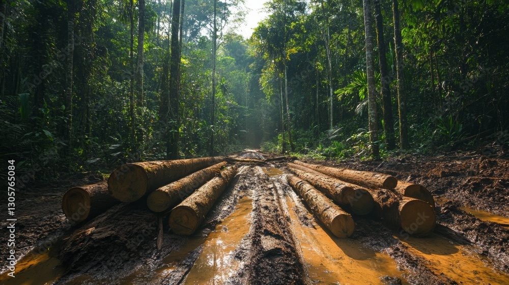 Obraz premium tree trunk on the floor of a forest, tree felling concept