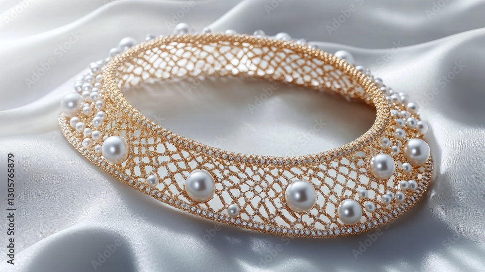 Radiant gold necklace with pearls and diamonds, artistically arranged on a satin background. Radiant gold necklace with pearls and diamonds, artistically arranged on a satin background.