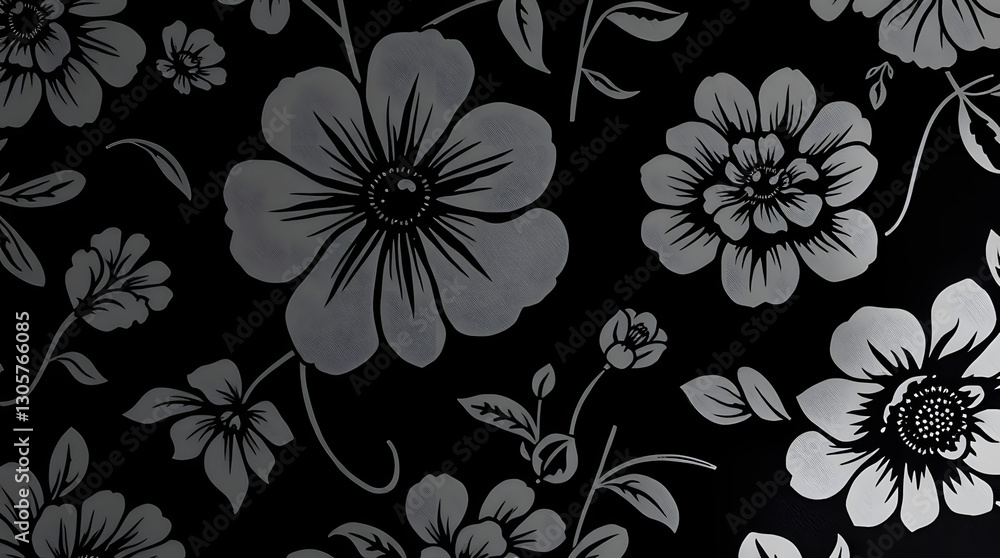 Dark Background with Silver Grey Flower Pattern Dark Background with Silver Grey Flower Pattern