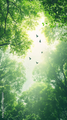 Sunlight filtering through verdant forest canopy, songbirds gliding across soft spring sky at dawn