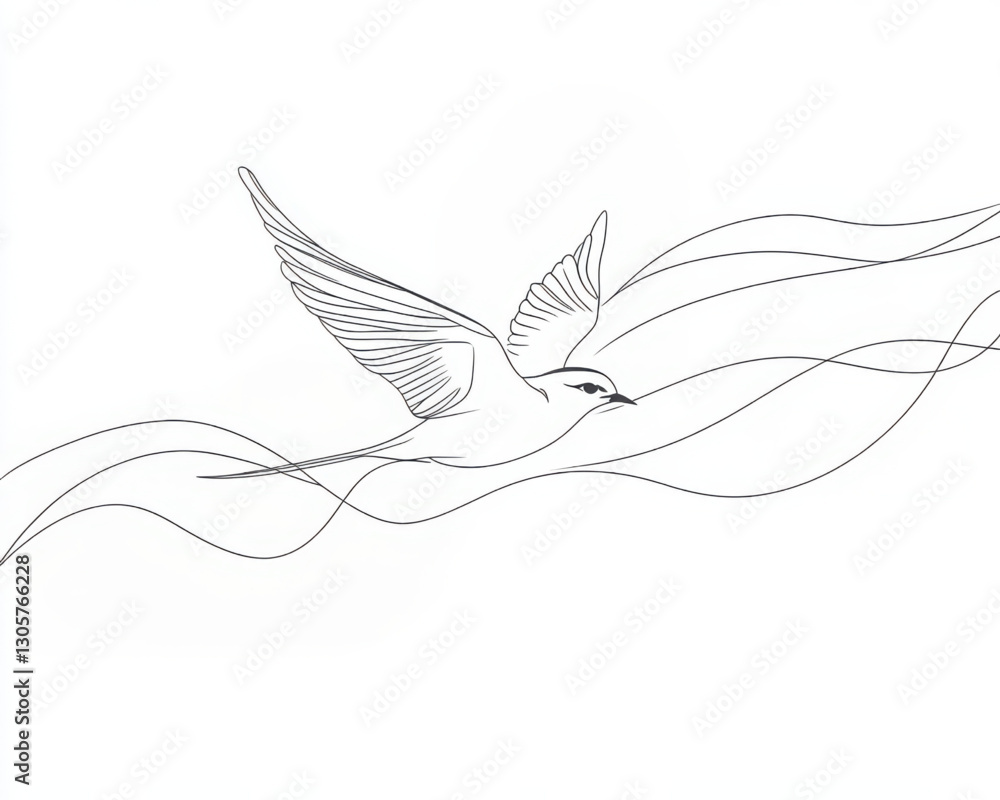 Fototapeta premium Single continuous line drawing of a swallow bird in flight, minimalist style, elegant and clean composition, modern art. Perfect for logos or posters, isolated on white background.