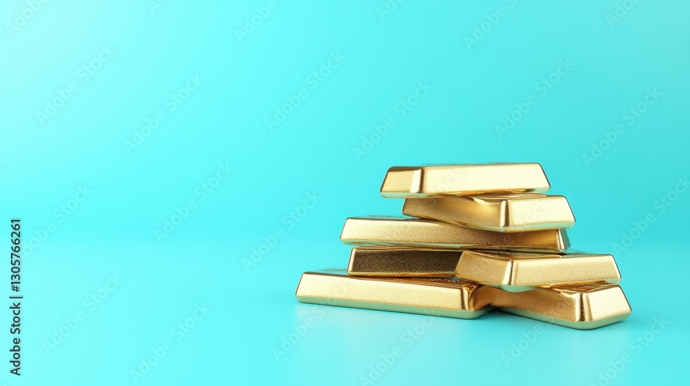 Fototapeta premium Small pile of gold bars elegantly positioned on a smooth baby blue backdrop.