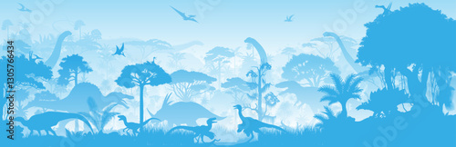 Vector tropical forest with Stegosaurus, Carcharodontosaurus, triceratops, Spinosaurus, styracosaurus, pyroraptor, Bactrosaurus, Gallimimus, Argentinosaurus, Brachiosaurus and pterodactyl