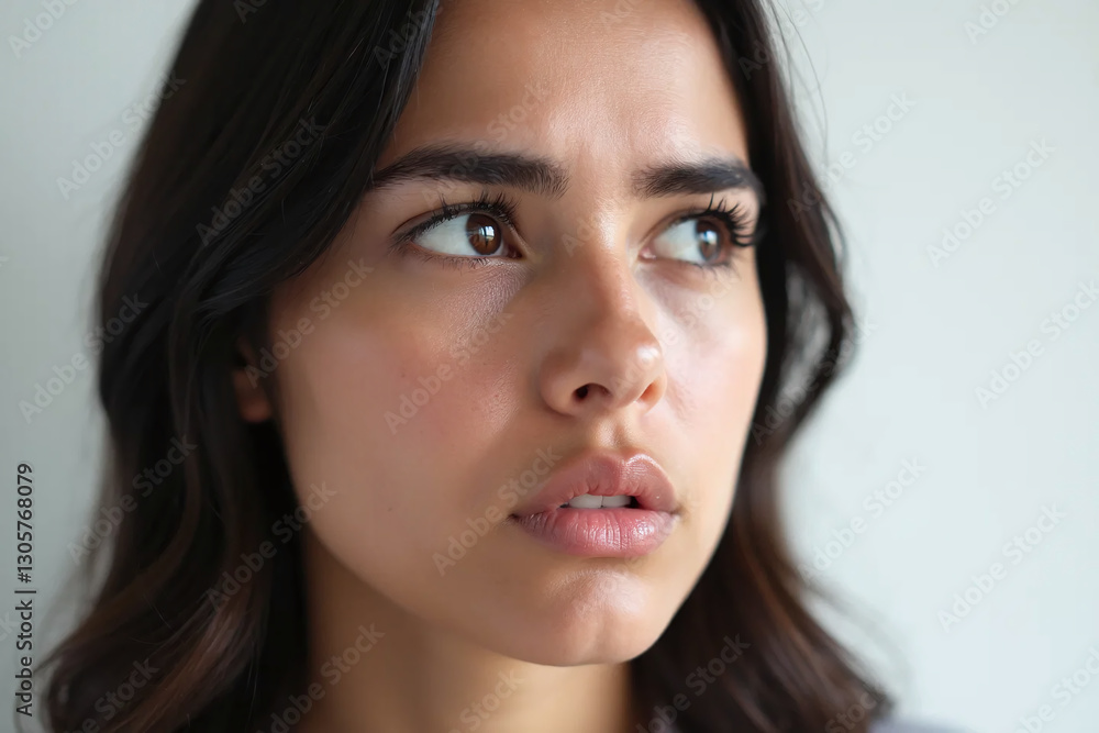 Young Latina Woman with a Confused Look Glancing to the Side Young Latina Woman with a Confused Look Glancing to the Side