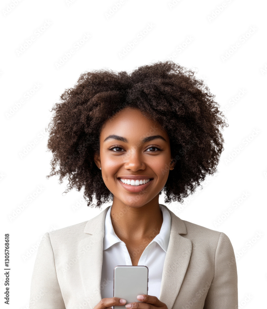 Smiling business professional holding smartphone modern office portrait bright environment engaging concept isolated on transparent background Smiling business professional holding smartphone modern office portrait bright environment engaging concept isolated on transparent background