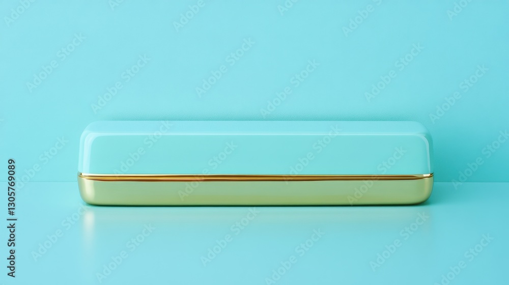 Vertical gold bar with a reflection on a glossy pastel green surface. Vertical gold bar with a reflection on a glossy pastel green surface.