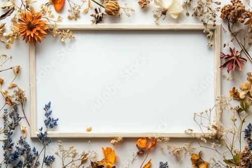 Decorative frame template with small dry flowers and leaves with copy space in the middle, for text.