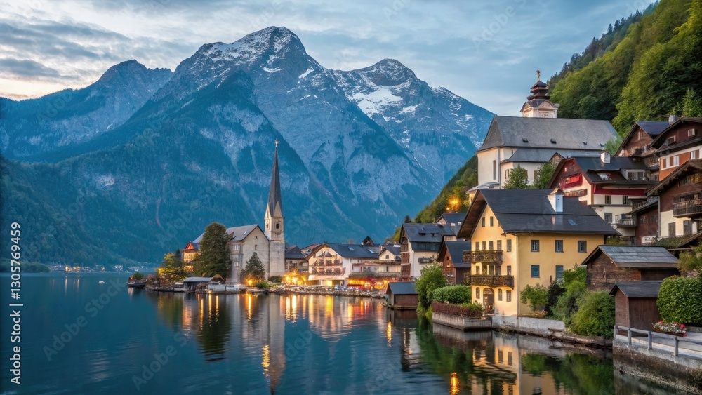 Fototapeta premium Alpine Lake Village Dusk Aerial Photography: Breathtaking Sunset Reflections