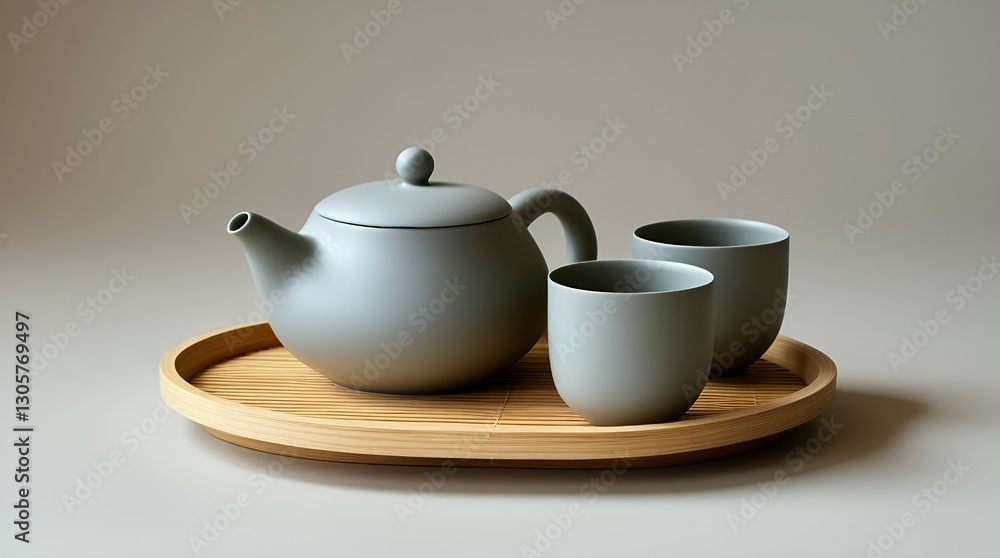 Sleek ceramic teapot and cups on a neutral backdrop Sleek ceramic teapot and cups on a neutral backdrop