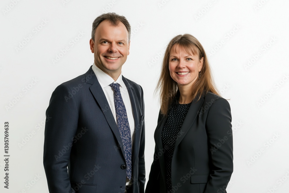 Full body portrait of a smiling business couple dressed in suits. Studio shot against a white background. Full body portrait of a smiling business couple dressed in suits. Studio shot against a white background.