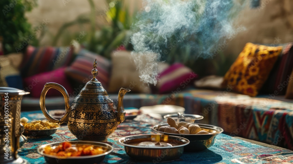 Fototapeta premium An ornate teapot sits with food on a low table setting