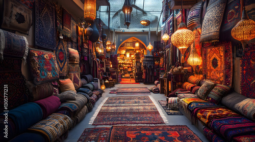 Traditional Arabian carpet market, vibrant colors and patterns, glowing lanterns illuminating the space