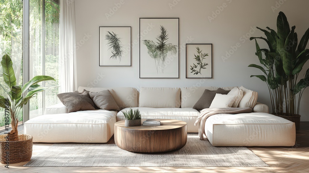 Naklejka premium Minimalistic Scandinavian living room with cozy sofa and coffee table