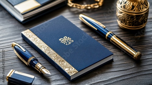 A luxurious business card for a jewelry brand, deep royal blue and gold accents, elegant calligraphy, embossed golden details