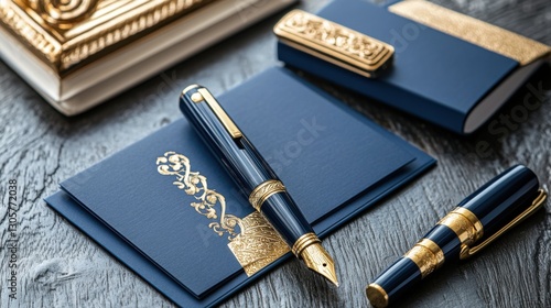 A luxurious business card for a jewelry brand, deep royal blue and gold accents, elegant calligraphy, embossed golden details, high-end aesthetics, premium feel