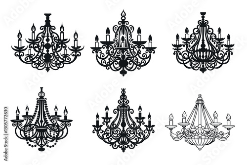 Set of Chandelier vector silhouette line art