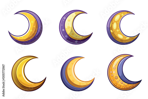 Vibrant Crescent Moon Vector Illustrations: Night Sky Graphics Set