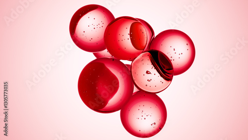 Cosmetics red serum liquid bubbles 3d abstract background. Cosmetic moisturizer essence gel. Collagen fluid bubble molecule. Moisturizing cream or oil, beauty skin concept
