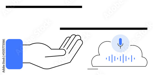 Open hand facing upward near a cloud with soundwaves and microphone icon. Ideal for voice control, AI, gesture-based tech, innovation, communication, accessibility, assistance, flat simple metaphor