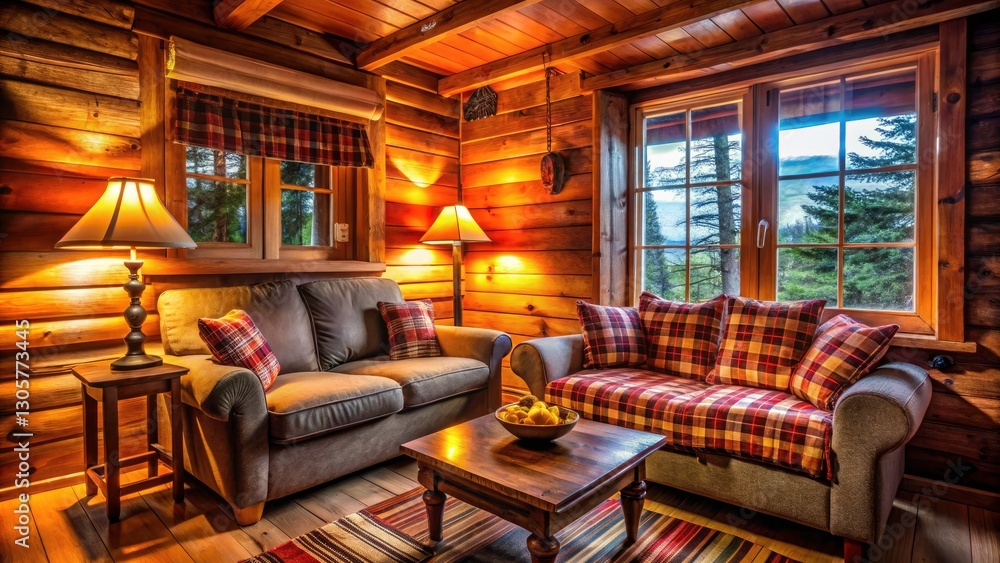 Naklejka premium Cozy Cabin Interior: Macro Photography of Wooden Walls & Comfortable Seating