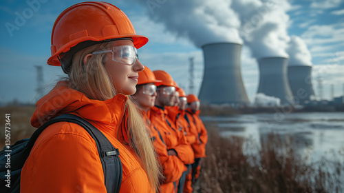 Diverse group of engineers and scientists in safety gear at power plant near water