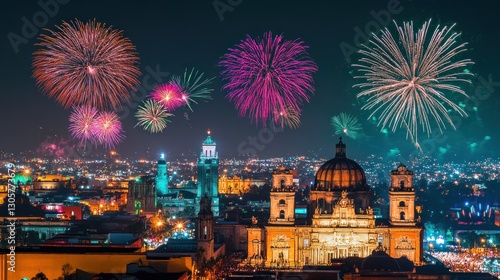 Mexican Independence Day fireworks illuminate the historic city skyline at night celebration